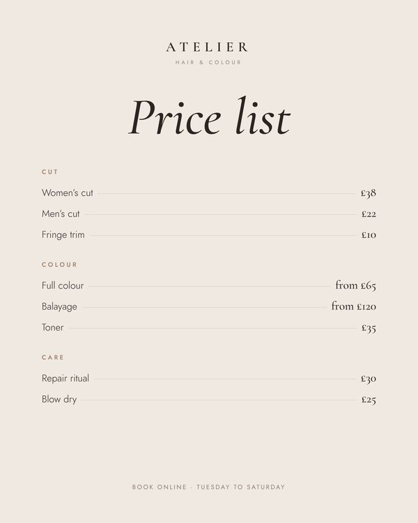 Hair salon price list design