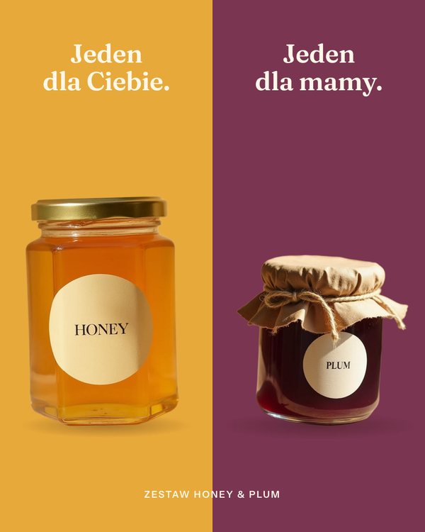 Reklama split screen: miód i dżem, jeden dla Ciebie, jeden dla mamy